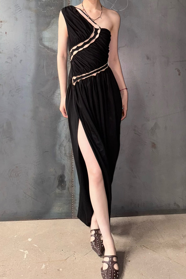RUI built 25 spring and summer one-shoulder stitching pleated dress RUI-RSS25WV12-HEI Black Onyx